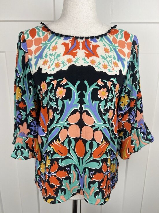 Maeve Tops - Maeve Anthropologie Silk Blouse Size 2 Floral Boho Top 3/4 Sleeve Keyhole Back